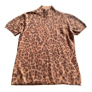 Mendocino Vintage Angora Leopard Print Short Sleeve Mock Neck Sweater Small 90s